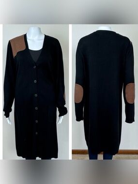 Lauren Ralph Lauren Black Long Cardigan with Brown Elbow & Shoulder Patches